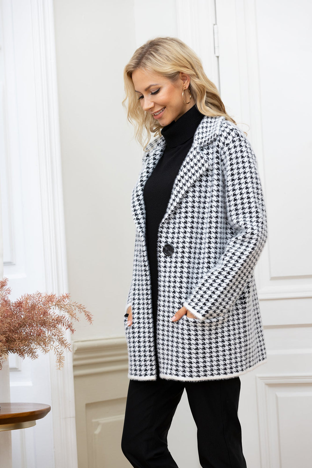 Houndstooth Long Coat with Pockets